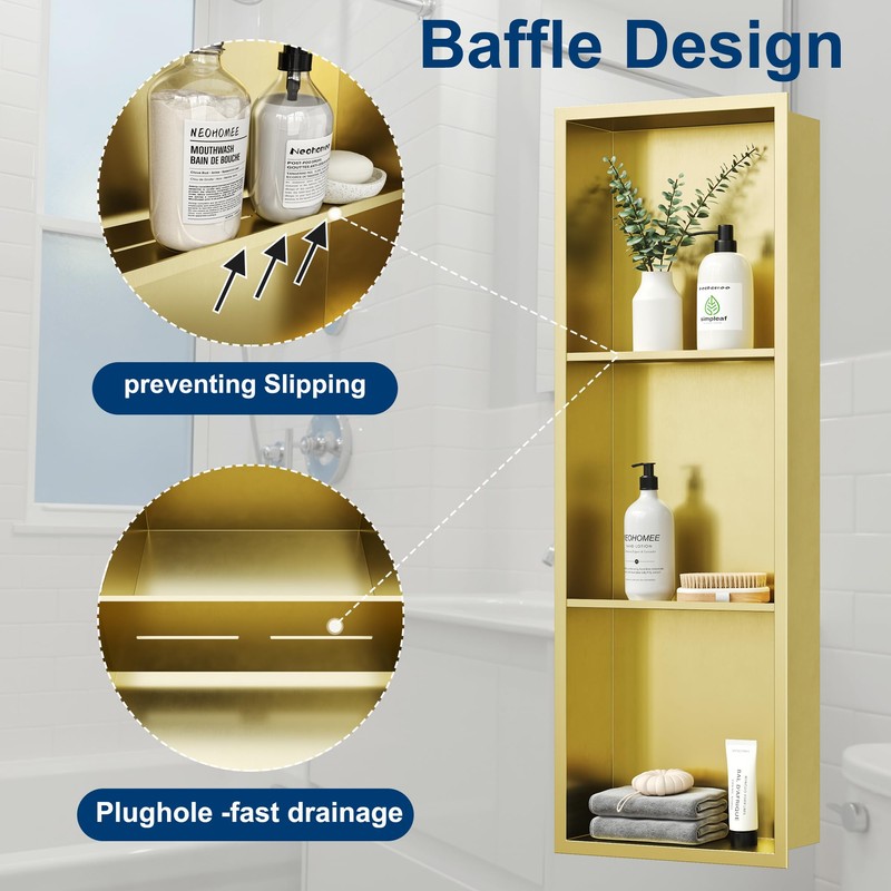 3-Tier Gold Recessed Shower Niche, 12X36 Inch Wall Niche