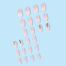 JUSTOTRY 24 Pcs White French Press on Nails Medium with Diamond Designs,Pink False Nails Coffin with Nail Glue,Stick on Nails for Women and Teens,Glossy Ballarina Fake Nails Long for Nails Art