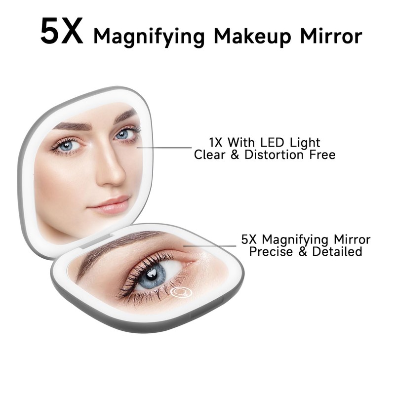 QUMOX Specchio Trucco Compatto Illuminato 5X Ingrandimento, Specchio da Viaggio