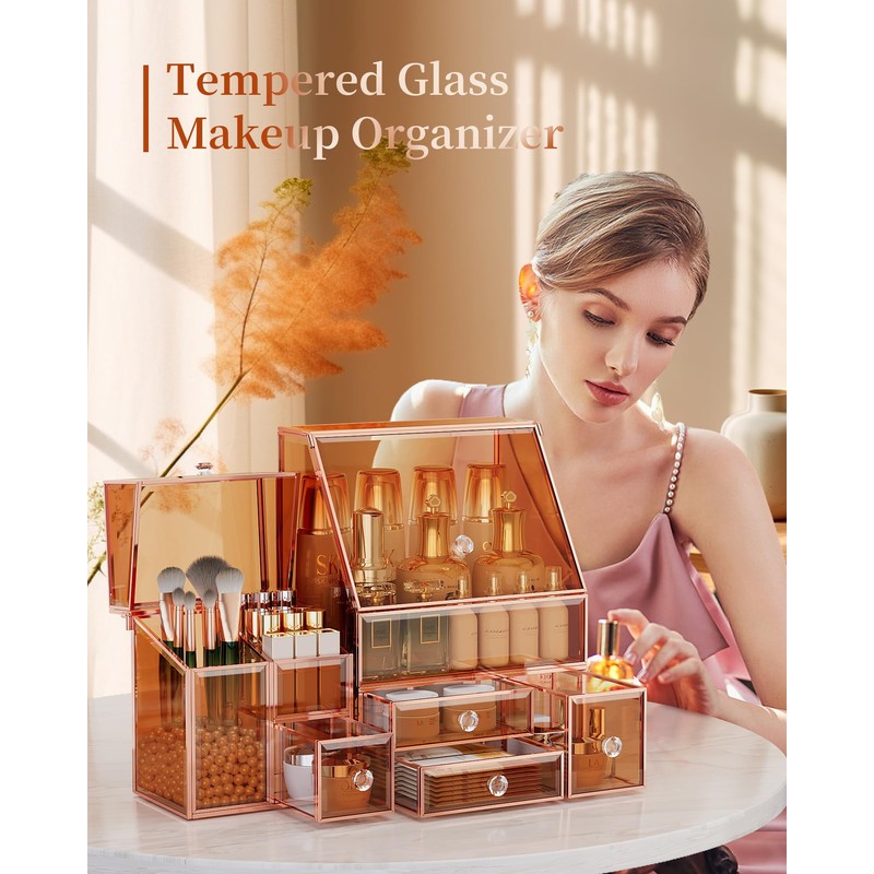 Youdepot Glass Makeup Storage for Vanity and Bathroom Countertop –