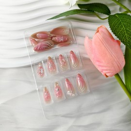 3D Handmade Press on Nails with Charms Almond Fake Nails 3D Butterfly Nail Art Charms False Nails Flower Pearl Rhinestones Crystal Acrylic Nail Reusable Glossy Glue on Nails for Women,24Pcs
