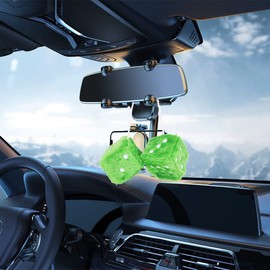Pair 2.4”of Green Retro Mirror Fuzzy Plush Dice Car Pendants,Interior Rearview Mirror Dice Decoration Car Accessories Interior Aesthetic