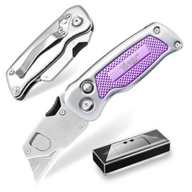 Vickay Box Cutter, Utility Knife with Belt Clip, Stainless Steel Body Handle, Quick-change Blade and Safety Axis Lock, Razor Knife, Cardboard Cutter with Extra 5PC SK5 Blades (Purple)