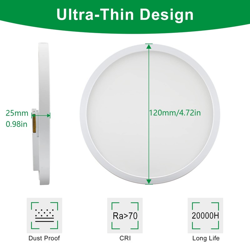 Taoellen 9W Ultra-Thin LED Ceiling Light, 3000K Warm White, φ120mm