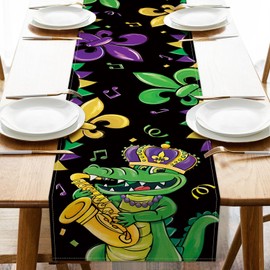 Croar Mardi Gras Alligator Table Runner, Fleur De Lis New Orleans Carnival Kitchen Dining Table Decoration, Masquerade Burlap Indoor Outdoor Home Decor Party Supply 13 x 36 Inches