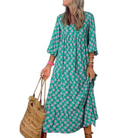 Dokotoo Spring Maxi Dress for Women V Neck Floral Boho Dresses Long Puff Sleeve Sun Dress Ruffle A Line Flowy Casual Dresses Small Green