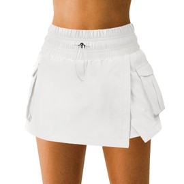 Hragc Women's Athletic Tennis Cargo White Mini Skirt Skort for Women Medium High Waisted Side Slit Pleated Golf Skater Skirts with Shorts Pocket