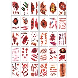 30 Sheets Halloween Tattoo Scars, Temporary Halloween Tattoos, Waterproof Zombie Scars Stickers, Wound Scars Realistic Stickers, Cosplay Face Sticking with Fake Scab Blood