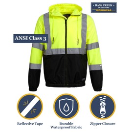 Bass Creek Outfitters Men's Hi Vis Jacket - ANSI Class 3 Safety Rain High Vis Waterproof Reflective Workwear (Sizes: M-XXL), Size XX-Large, Safety Yellow
