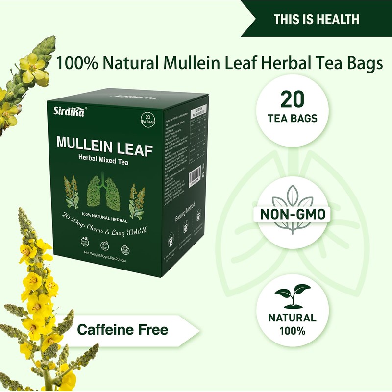 Mullein Tea Bags for Lungs - 20 Teabags (2.47oz/70g), 100%