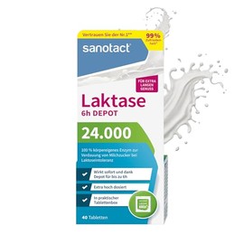 sanotact Lactase 24,000 6h DEPOT (40 lactase tablets) • Lactose tablets with depot effect • For lactose intolerance and milk intolerance • Immediate effect & 6h long-term depot