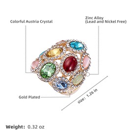 18K Gold Plated Iridescent Multi-color Gemstone Crystal Geometric Elastic Adjustable Stretchy Statement Rings for Women Cocktail Costume Jewelry (Style D, Adjustable(7#-9#))