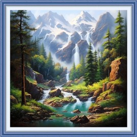 Joyhoor Cross Stitch Kits for Beginners Stamped Cross-Stitch Supplies Needlework preprint Embroidery Kits for Adults DIY Needlepoint Kits Embroidery Patterns 11CT-Mountain River Scenery 18.x18 inch
