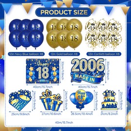 Blue Gold 18th Birthday Yard Sign Decorations for Boys 6Pcs Happy 18th Birthday Lawn Sign Made in 2006 with Stakes and 18Pcs 18th Birthday Balloons for 18 Years Old Birthday Outdoor Party Supplies
