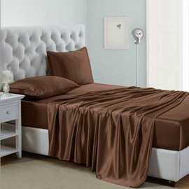 Lanest Housing Silk Satin Sheets, Twin XL Size Satin Bed Sheet Set with Deep Pockets, Cooling Soft and Hypoallergenic Satin Sheets Twin XL - Brown
