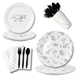 Modern Dinosaur Party Plates Kids Birthday, Baby Shower - Disposable Dino Paper Decorations, Cups, Napkins, Utensils, Toddler Boy/Girl Neutral Decor, Bulk, Jurassic Supplies Age 1 2 3 4 5 6 7 8 9 Year