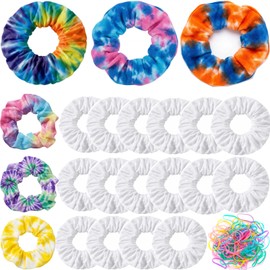Sosation 100 Packs White Scrunchies for Tie Dye Kit Party Supplies, White Cotton Hair Elastic Hair Ties Pony Tail Holder with 200 Packs Rubber Bands for Women DIY Supplies Gifts