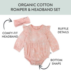 HonestBaby 2 Piece Bubble Romper & Headband Set,Girl,Sketchy Floral Dusty Pink,0-3 Months