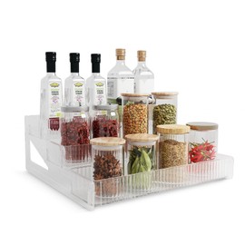 YOMI ELLA 3-Tier Clear Spice Rack Organizer for Cabinet & Countertop - Stores Spices, Seasonings, Liquors, Cosmetic Tools & Perfumes - Ideal for Kitchen, Pantry, Bar, Bathroom & Bedroom