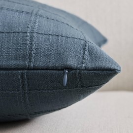 ZeeMart Linen Checked Throw Pillow Covers Set of 2, 18x18 Inch Allover Grid Navy, Farmhouse Decorative Double Sided Grid Embroidered Couch Pillow Cases Navy Cotton Linen Cushion Covers