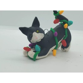Celtic Forest Clay BLACK and WHITE CAT Christmas Ornament TANGLED IN LIGHTS Stretching HAND MADE