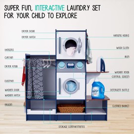 Lil' Jumbl Kids Washer and Dryer Playset, Wooden Children's Pretend Laundry Set, Includes Broom, Dustpan, Iron, Hangers & Basket, Realistic Laundry Room for Kids