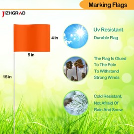 JIZHGRAD 50Pack Orange Marking Flags, JIZHGRAD 15x4x5 Inch Marker Flags Use for Yard & Lawn, Boundary & Dog Training, Survey & Landscape, Sprinkler & Surveyor, Garden & Construction, High Visibility, Sturdy, Versatile, UV & Weather Resistant