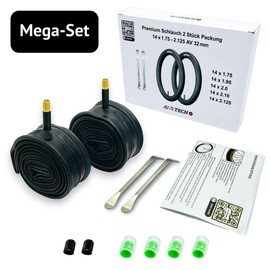 14 x 1.75-2.125 AV 32 mm inner tube for bicycle and bicycle trailer, 14 inches, 14 x 1.75/1.95/2.125 with car valve, 32 mm. Includes 2 mounting levers. Pack of 2. Compatible with 14 inch wheels