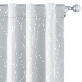 HOMEIDEAS Light Grey Blackout Curtains 52 X 63 Inch Length 2 Panels Silver Wave Line with Dots Printed Back Tab Room Darkening Pocket Thermal Light Blocking Window Drapes for Bedroom