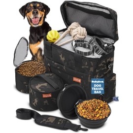 The Original Doggy Bag™ - Complete Dog Travel Bag for Supplies with 2 BPA-Free Travel Dog Bowls & 2 Pet Food Containers - Traveling Kit for Road Trips, Camping, Weekend Away or Doggy Gift - Camo