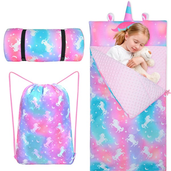Unicorn Nap Mat for Toddler Girls Sleeping Bag with Removable Pillow and Blanket for Kids Slumber Bag for Elementary Preschool Kindergarten Daycare (Tie Dye Unicorn)