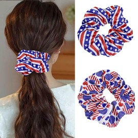 Patriotic Stain Hair Scrunchies for Hair - 2Pcs American Flag Star Heart Silk Hair Scrunchies Soft Hair Ties Fashion Hair Elastic Bands Ropes Ponytail Holder 4th of July USA Hair Accessories for Women