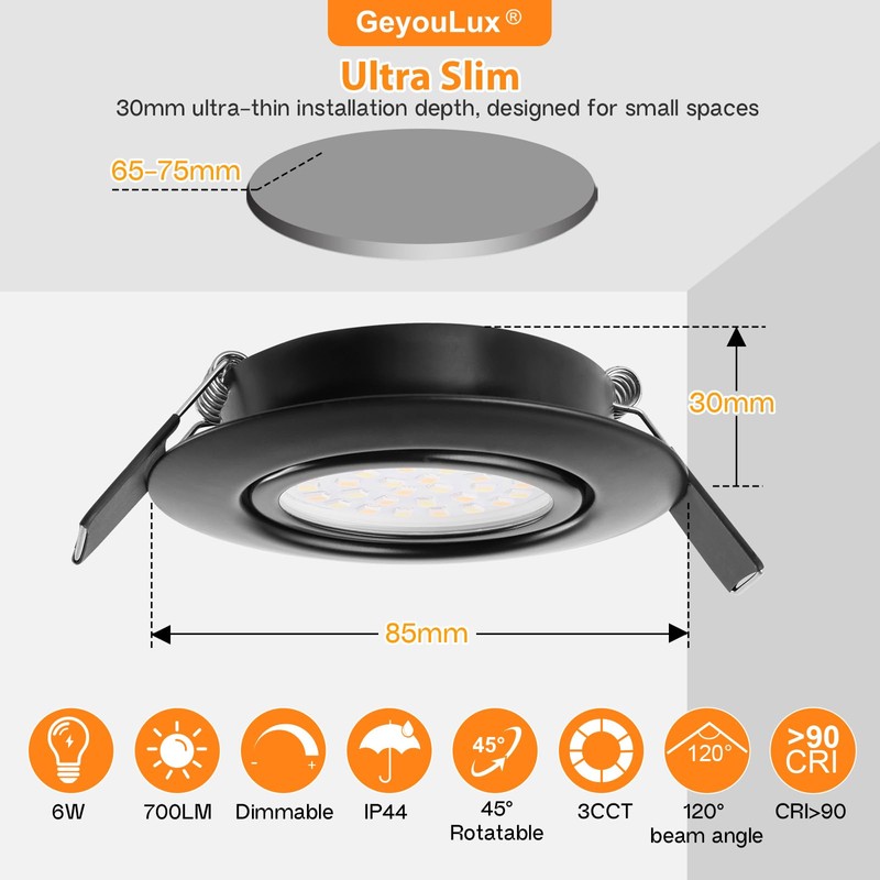 GeyouLux IP44 LED Downlights Dimmable 3000K Warm 4000K Neutral 6500K