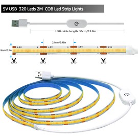 Tesfish LED Strip Light 5 V USB COB Strip 2 m Warm White 3000 K 640 LEDs Neon Light Flexible LED Light Strip with Touch Stepless Dimmable for Party, Counter, Shelf, Home Decor