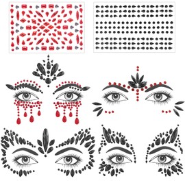 Face Gems for Women 6 Sheets Red Black Face Jewels Stick On Self Adhesive Rhinestones Stickers for Makeup Music Festival Rave Party