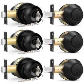 Probrico Keyed Alike Entry Door Knobs Lock Set and Single Cylinder Deadbolt Combination Set, Flat Black Exterior Front Door Locks,3 Pack