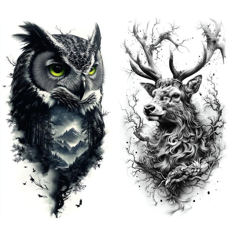 2 Sheets Temporary Owl Tattoo Deer Tattoo Bird Tattoo Animal