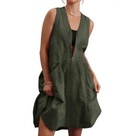 Fisoew Women's Sleeveless Tank Mini Dress Casual Half Zip V Neck Loose Mesh Back Utility Summer Dresses with Pockets Army Green