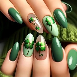 Medium Press on Nails Almond Fake Nails with Green Leaf Designs French Tip False Nails Full Cover Glue on Nails Glossy Acrylic Thick Stick on Nails for Women Girls 24Pcs DK-25068