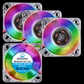 WINSINN 30 mm RGB Fan 24 V, LED Colourful 3D Printer Micro 4 Volt Fan 3010 Hydraulic Bearing, Brushless Cooling 30 mm x 10 mm 2 Pin (Pack of 4)