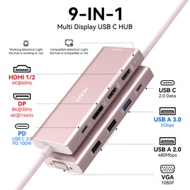 HODO USB C Docking Station Dual Monitor Adapter for Dell HP, Laptop Docking Station 3 Monitors Quad Display USB C Hub Dongle to 2 HDMI 4K,DP 8K, VGA,4 USB,PD, 9 in 1 Dongle Laptop Adapter