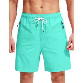 Viodia Men's Swim Trunks with Compression Liner Quick Dry Board Shorts Swimsuit Swimwear for Men with Zipper Pockets Cyan