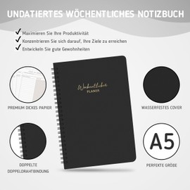 BIROYAL Undated Weekly Planner in German, A5 Personal Organiser, Weekly Diary with To-Do List, Large Note Field, 52 Sheets, Ring Binder with Hardcover, Black