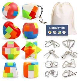 16 Pack Brain Teasers Puzzles for Kids & Adults, Brain Teasers Metal IQ Toys Puzzle Mind Game 3D Coil Cast Wire Unlock Interlock Magic Ball Puzzles for Teenagers