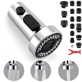 TIORIY Kitchen Faucet Head Replacement with 15 Adapters, 3 Function Pull Down Kitchen Faucet Spray Head, Pull Out Kitchen Sink Tap Sprayer Nozzle, Chrome, Plastic