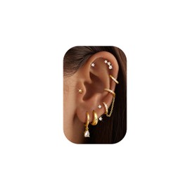 Adramata Gold Earrings for Women Stainless Steel Dangle Drop Stud Earring Chain Hoop Huggie Earring Hypoallergenic Tragus Helix Piercings Gold Silver Earrings Set for Multiple Piercing 8Pairs