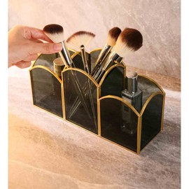 HARLIANGXY Make Up Brush Organiser Black, Vintage Cosmetic Brush Storage, Glass & Metal Make Up Brush Holder, Cosmetic Organiser, Make Up Container, 23.9 x 7.9 x 13 cm
