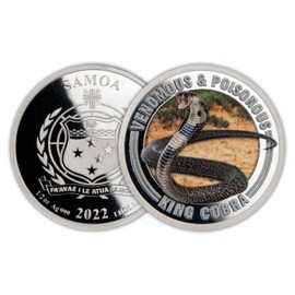 Venomous & Poisonous King Cobra Snake Samoa 2022 $1 1/2 oz Pure Silver Coin