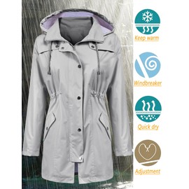 LOMON Raincoat Women Waterproof Long Hooded Trench Coats Lined Windbreaker Travel Jacket Gray M