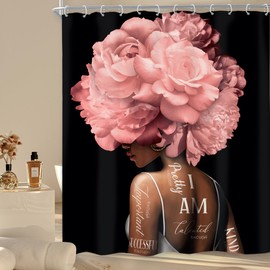 Riyidecor African American Shower Curtain 60Wx72H Inch Pink Black Girl Woman Shower Curtains Floral Queen Peony Flower Rose Quotes Modern Retro Bathroom Decor Fabric Polyester Waterproof 12 Pack Hooks